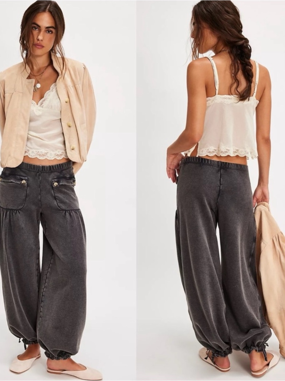 NWT FREE PEOPLE FP One Bohemian Wide Leg Barrel Arden Knit Pants Washed Black XL